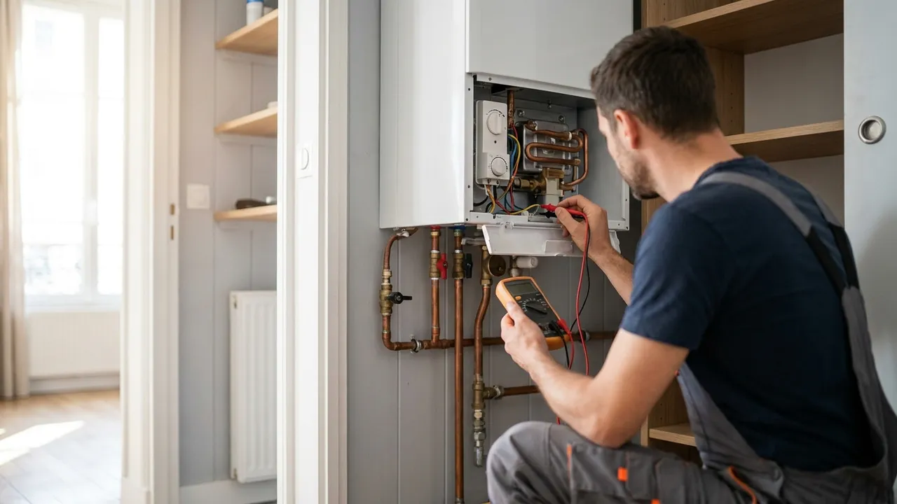Plombier testant au multimètre la résistance d'un chauffe-eau électrique dans un placard d'appartement à Paris 20